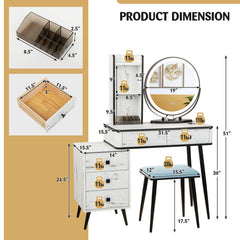 Vanity Table Set with 3-Color Lighted Mirror and Cushioned Stool
