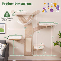 Wall-Mounted Cat Tower with Hammock Platforms and Sisal Scratching Mat