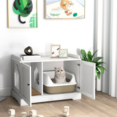 Wooden Cat House with Scratching Pad and Adjustable Divider