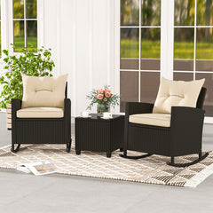 3-Piece Patio Rattan Roker Chairs with Tempered Glass Table and Soft Cushions