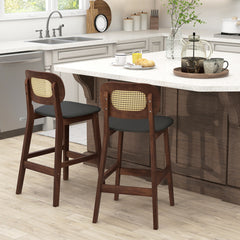 Wood Bar Chairs with Rattan Backrest Padded Seat and Footrest