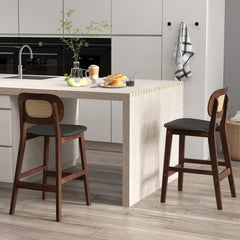 Wood Bar Chairs with Rattan Backrest Padded Seat and Footrest