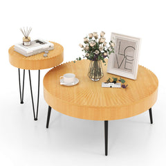 Set of 2 Boho Round Coffee Table with Solid Pine Wood Top and Metal Legs