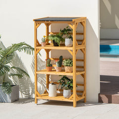 3-Tier Wooden Plant Stand with Weatherproof Asphalt Roof for Patio