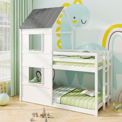 Wooden Twin Over Twin Bunk Bed with Full-length Safety Guardrail and Ladder