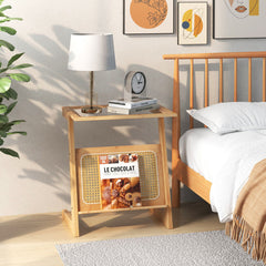 Z-shaped End Table with Magazine Rack and Rattan Shelf