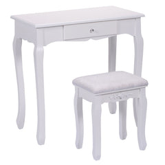 Vanity Table Set with Cushioned Stool with 360° Rotating Oval Mirror and Three Drawers