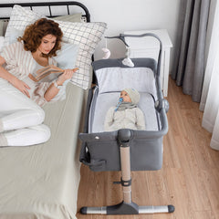 Height Adjustable Baby Side Crib with Music Box & Toys In Dark Gray