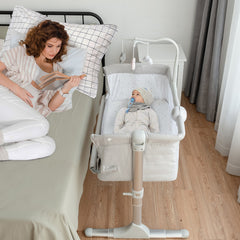 Height Adjustable Baby Side Crib  with Music Box & Toys In Light Gray