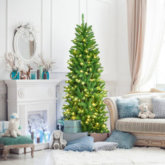 5/6/7 Feet PVC Hinged Pre-lit Artificial Fir Pencil Christmas Tree with 150 Lights