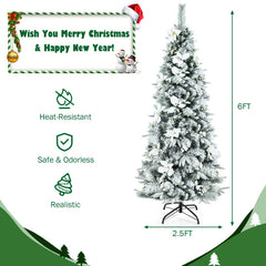 5/6/7/8 Feet Snow Flocked Christmas Tree with Berries and Poinsettia Flowers
