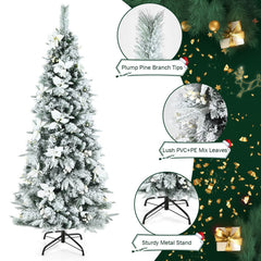 5/6/7/8 Feet Snow Flocked Christmas Tree with Berries and Poinsettia Flowers