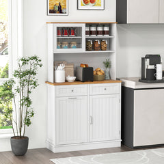 Double Tilt Out Trash Bin Cabinet with Hutch and Rubber Wood Countertop