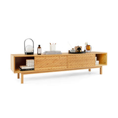 63 Inches Mid Century Modern Bamboo TV Stand with Sliding Doors