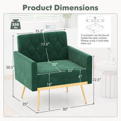 Modern Velvet Accent Chair with Button Tufted Back Golden Metal Legs and Adjustable Foot Pads