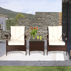 3 Pieces Patio Rattan Conversation Set with Glass Top Coffee Table and Cushions