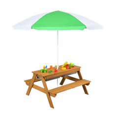 3-in-1 Kids Outdoor Picnic Water Sand Table with Removable Umbrella and Boxes