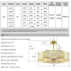 30 Inch Caged Ceiling Fan With Light Crystal Lampshade 6 Light Bases