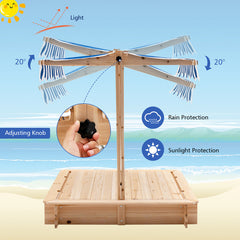 Kids Wooden Sandbox with Height-Adjustable Canopy and Bench Seats