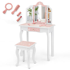 Princess Pretend Play Makeup Table and Stool Set with Tri-folding Mirror