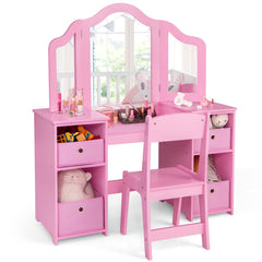 Kids Vanity Table and Chair Set with Removable Mirrors and 4 Storage Bins