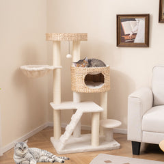 Modern Cat Tree for Indoor Cats with Cattail Fluff Condo and Top Perch