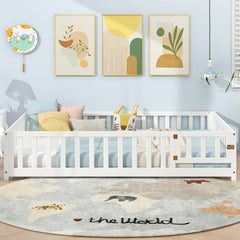 Montessori Bed Frame with Full-length Guardrails Safety Door and Latch
