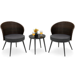 3 Pieces Patio Rattan Bistro Set with 2 Seat Cushions and Tempered Glass Tabletop