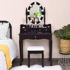 Oval Mirror Vanity Set with 10 LED Dimmable Bulbs and 3 Drawers