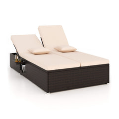 Patio Double Chaise Lounge with Cushions and Folding Side Trays