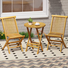 Patio Folding Side Table Teak Wood Round End Table with Slatted Tabletop and X-Shaped Frame