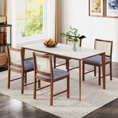 Rattan Dining Chair Set of 2 with Rubber Wood Frame and Linen Fabric Padded Seat