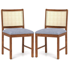 Rattan Dining Chair Set of 2 with Rubber Wood Frame and Linen Fabric Padded Seat
