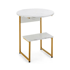 Faux Marble End Table with Round Tabletop and Square Shelf