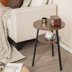 2-Tier Round End Table Set of 2 with Open Shelf and Triangular Metal Frame