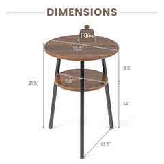 2-Tier Round End Table Set of 2 with Open Shelf and Triangular Metal Frame
