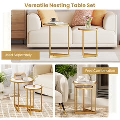 Round Nesting Table Set of 2 with Marble-like Tabletop for Living Room