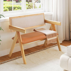 Rubber Wood Dining Bench with Armrest Sherpa Upholstered Backrest and Soft-padded Seat