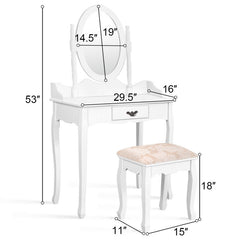 Wooden Vanity Table Set with Oval Mirror and Cushioned Stool