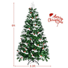 6/7 Feet Unlit Snowy Christmas Tree with Mixed Tips and Red Berries