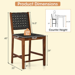 Woven Bar Stools Set of 2 with Faux PU Leather Straps