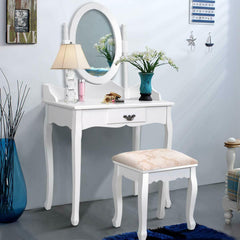Wooden Vanity Table Set with Oval Mirror and Cushioned Stool