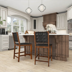 Woven Bar Stools Set of 2 with Faux PU Leather Straps