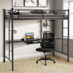 Twin Size Loft Bunk Bed with Desk Storage Shelf and Full-Length Ladders