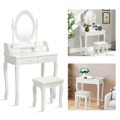 Wood Vanity Table Set with Oval Mirror and 4 Drawers for Kids Girls Women