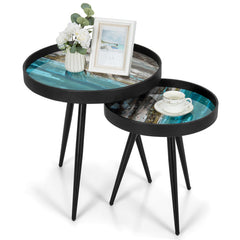 Set of 2 Stylish Nesting End Tables with Wooden Tray Top and Steel Legs
