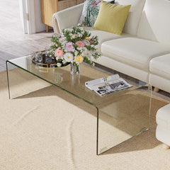 42.5 x 20 x 14 Inch Glass Coffee Table with Rounded Edges for Living Room