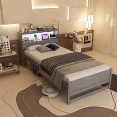 Twin Size Bed Frame with Storage Headboard and Charging Station