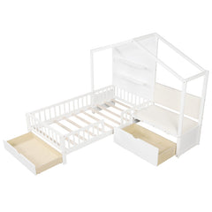Twin Size House Bed Kids Platform Bed with Padded Bench