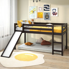 Twin Size Low Sturdy Loft Bed with Slide Wood